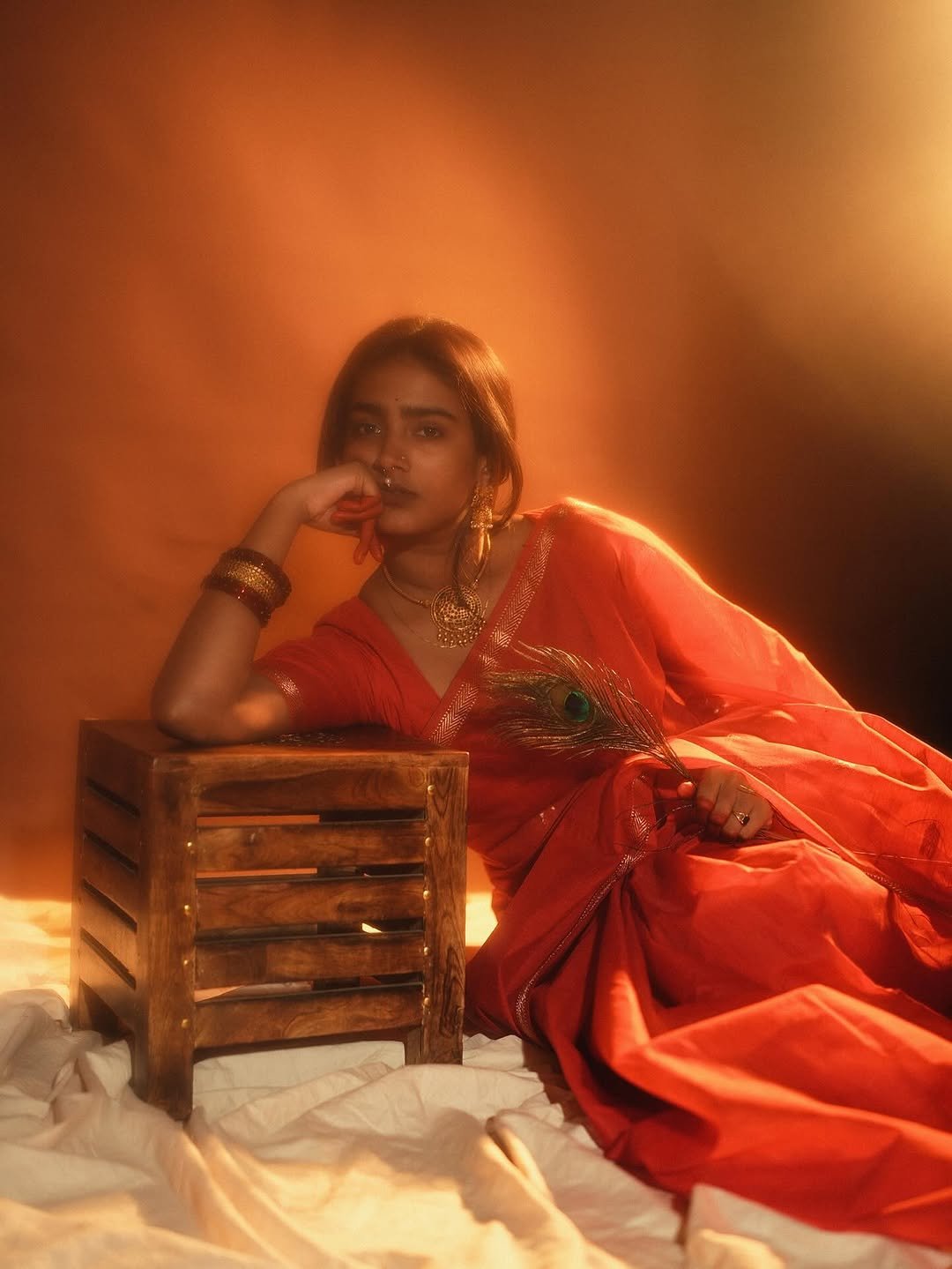 Yoga Lakshmi Golden Hour Close-Up – Traditional Nose Ring & Red Saree Glow (6)