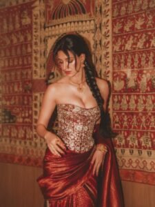 Disha Patani Stuns in Royal Red Saree with Golden Corset latest HD photos