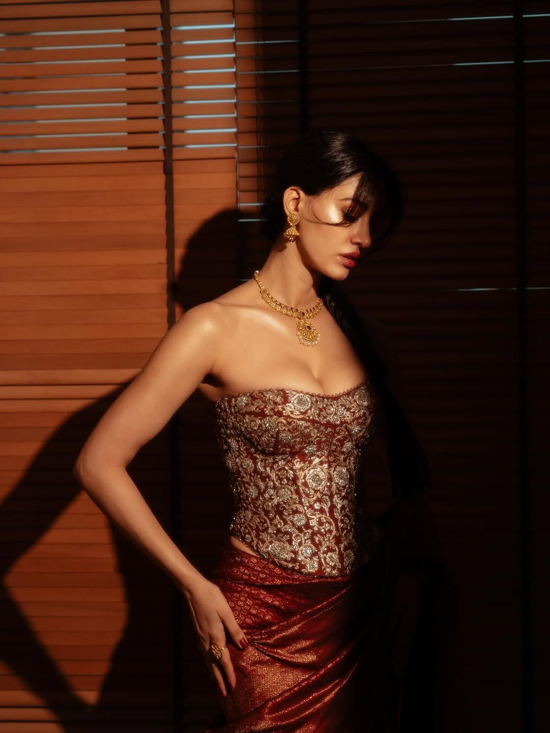 Disha Patani Stuns in Royal Red Saree with Golden Corset (5)