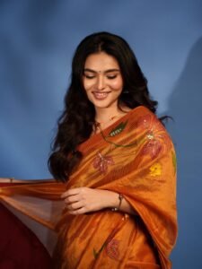 Kayadu Lohar Stunning Orange Saree Traditional Look HD Images trending celebrity photos
