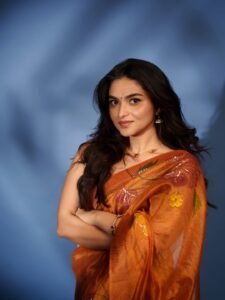 Kayadu Lohar Stunning Orange Saree Traditional Look HD Images trending celebrity photos