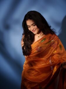 Kayadu Lohar Stunning Orange Saree Traditional Look HD Images beautiful outfit images