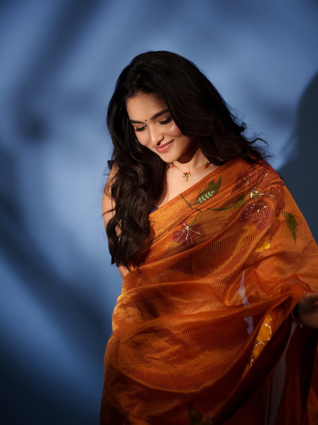 Kayadu Lohar Stunning Orange Saree Traditional Look HD Images (7)