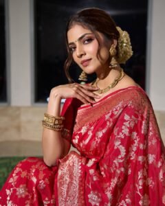 Malavika Mohanan Stunning in Red Silk Saree – Latest Traditional Photoshoot HD Images (4)