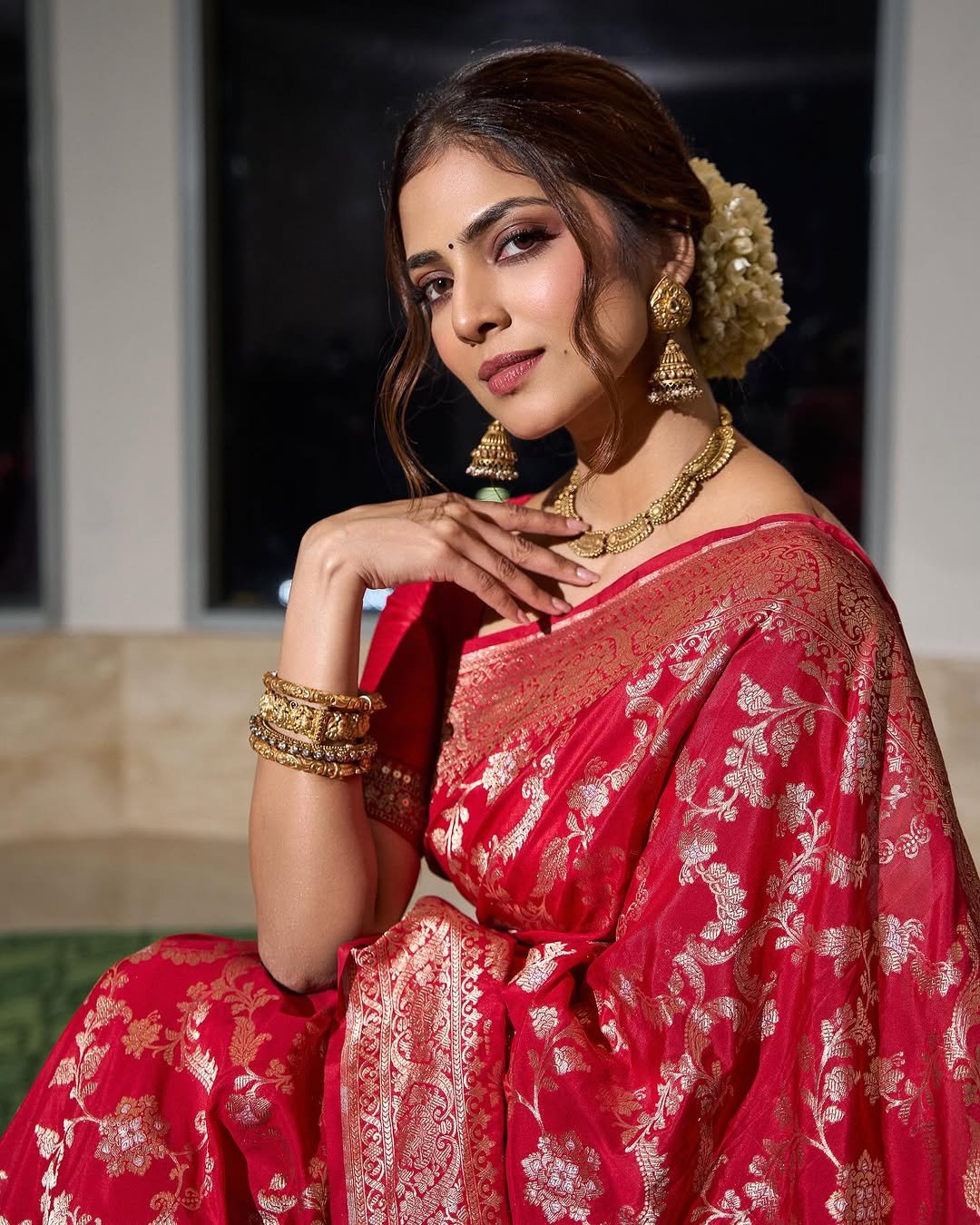 Malavika Mohanan Stunning in Red Silk Saree – Latest Traditional Photoshoot HD Images (4)
