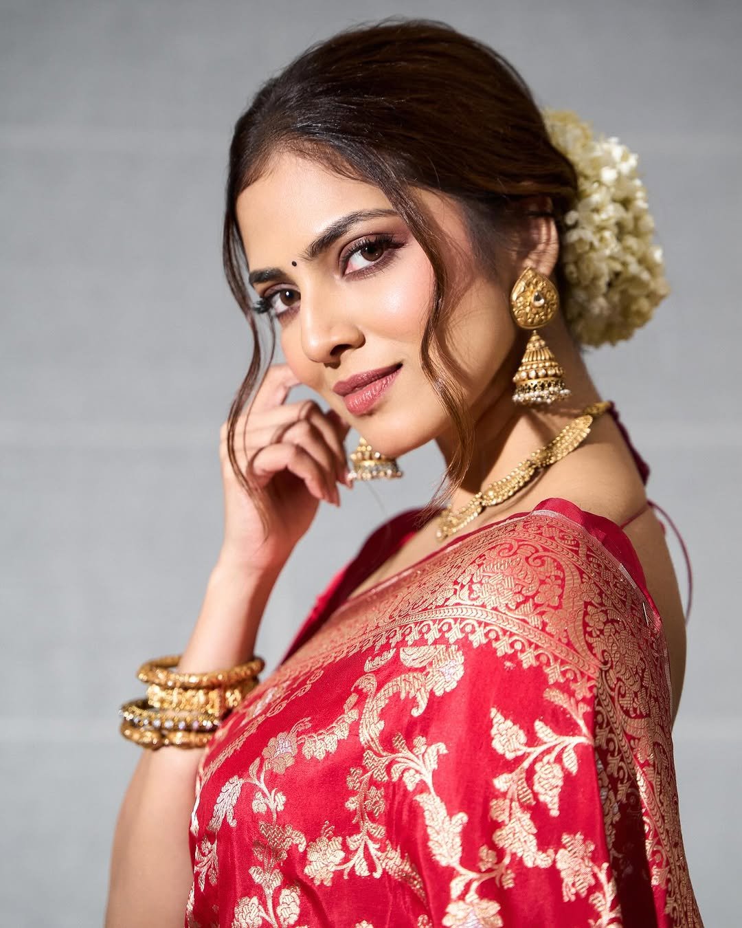Malavika Mohanan Stunning in Red Silk Saree – Latest Traditional Photoshoot HD Images (7)