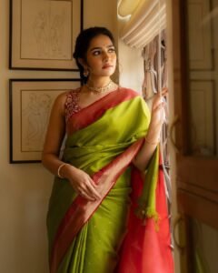 Rukmini Vasanth Looks Stunning in Green Silk Saree beautiful outfit images
