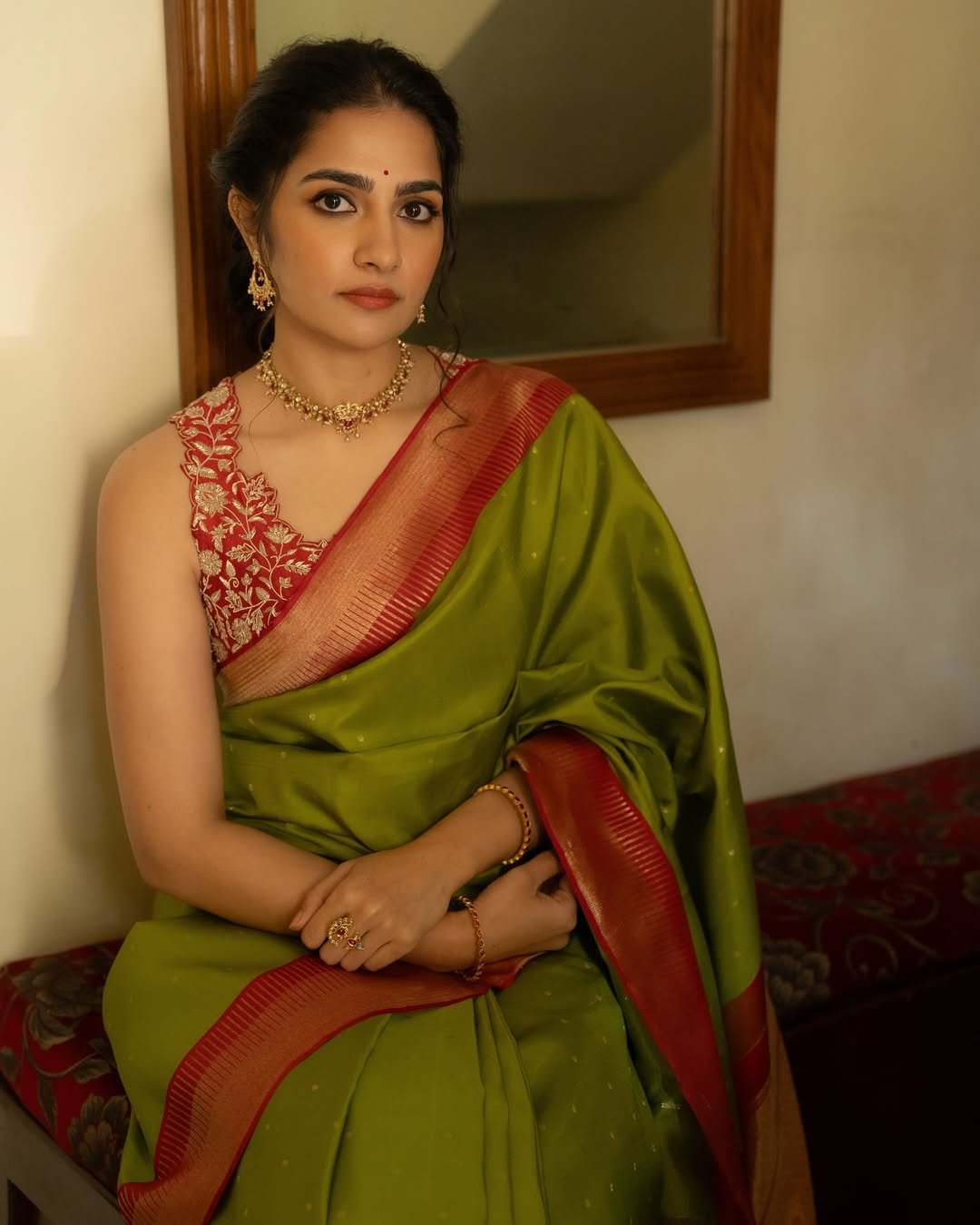 Rukmini Vasanth Looks Stunning in Green Silk Saree stunning fashion look