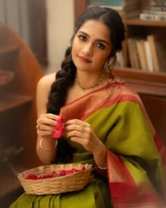 Rukmini Vasanth Looks Stunning in Green Silk Saree trending celebrity photos