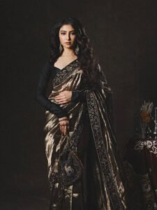 Sara Arjun Looks Stunning in Elegant Black and Gold Saree beautiful outfit images