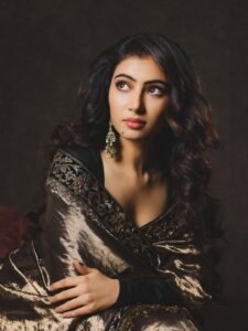 Sara Arjun Looks Stunning in Elegant Black and Gold Saree trending celebrity photos