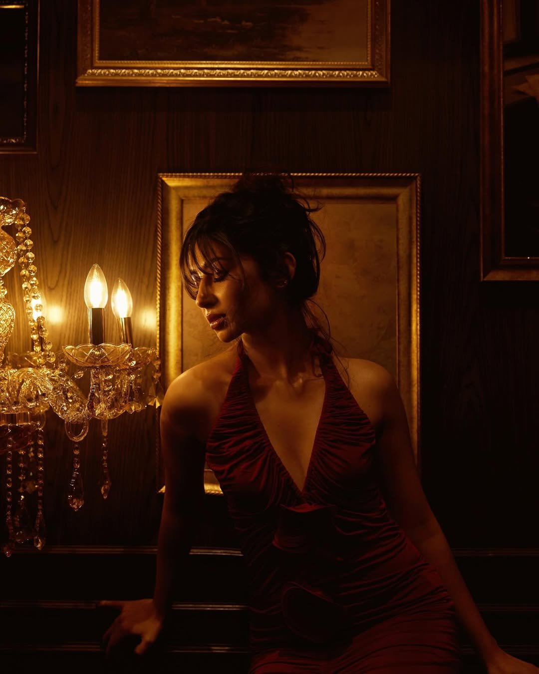 Sara Arjun Stunning Red Gown Photoshoot in Dark Room (11)