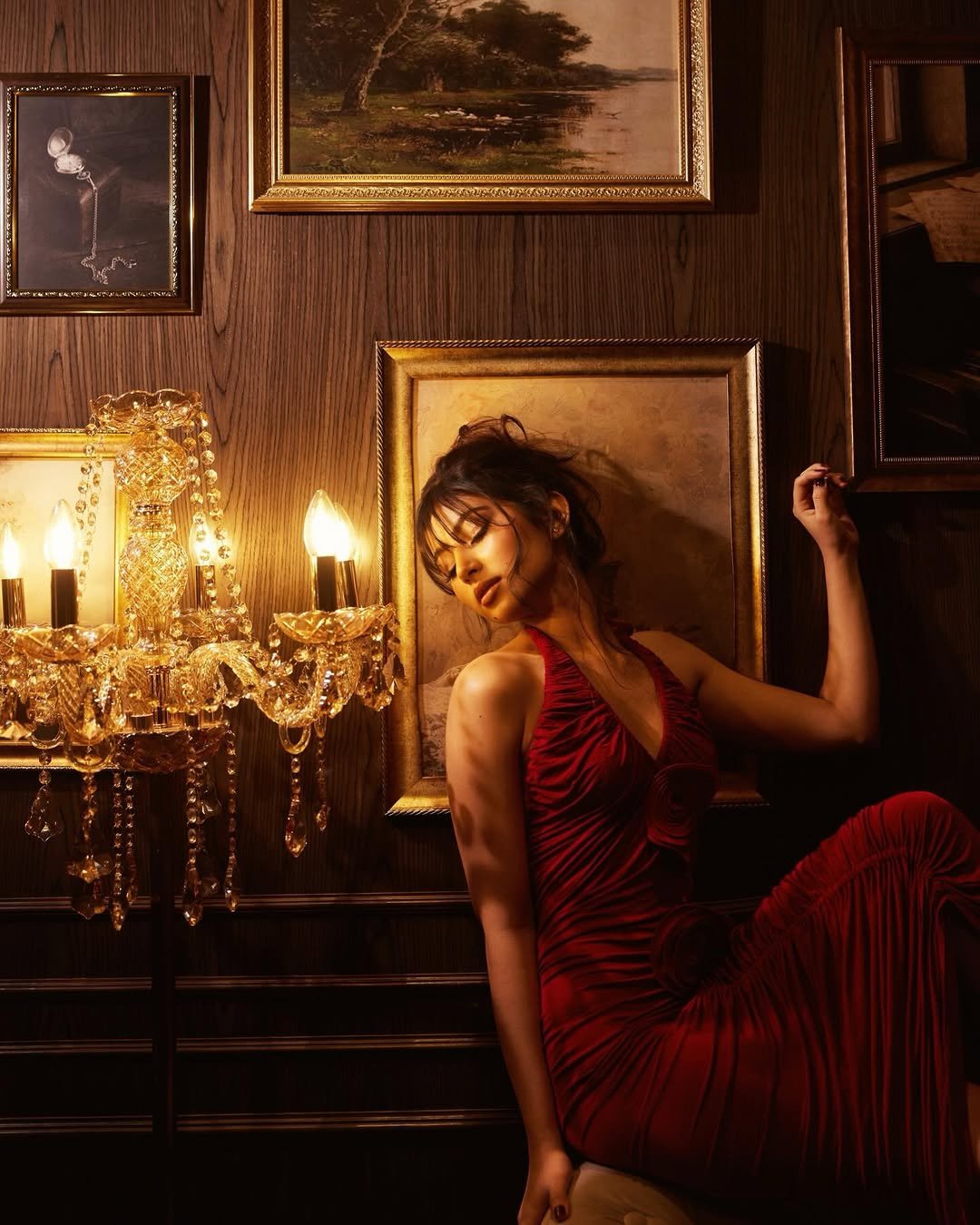 Sara Arjun Stunning Red Gown Photoshoot in Dark Room (12)