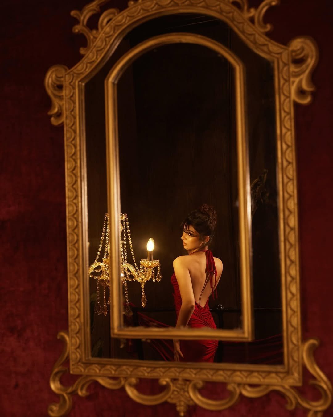 Sara Arjun Stunning Red Gown Photoshoot in Dark Room (2)
