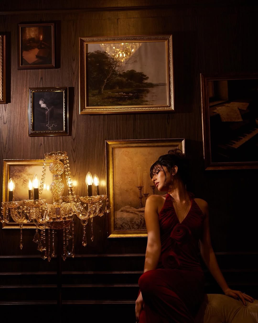 Sara Arjun Stunning Red Gown Photoshoot in Dark Room (8)