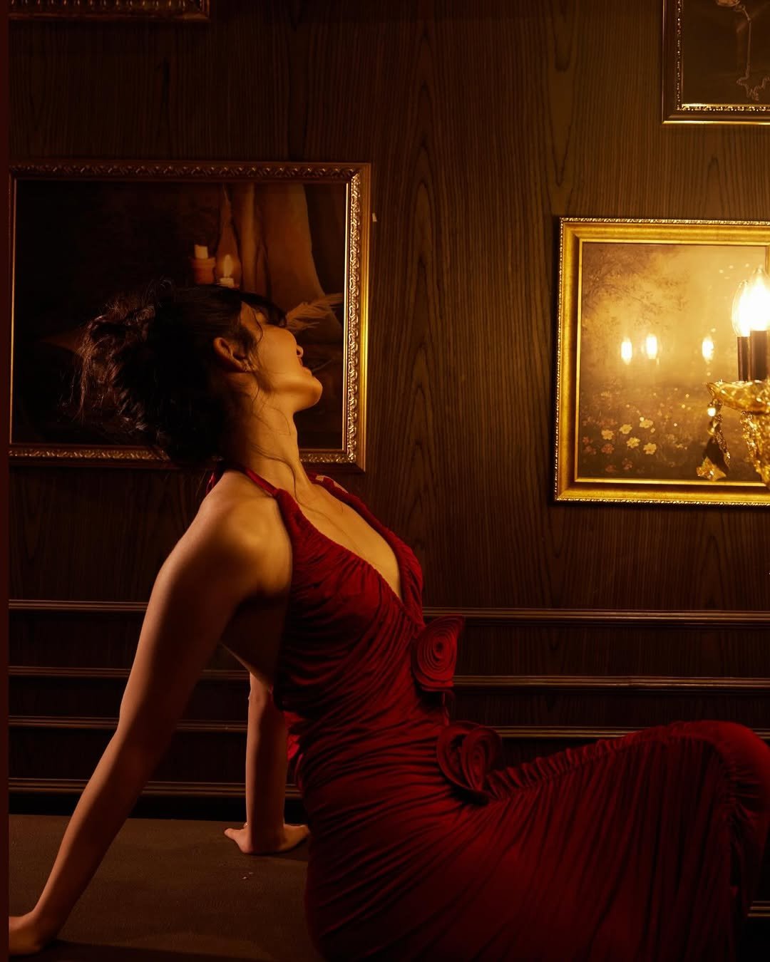 Sara Arjun Stunning Red Gown Photoshoot in Dark Room (9)