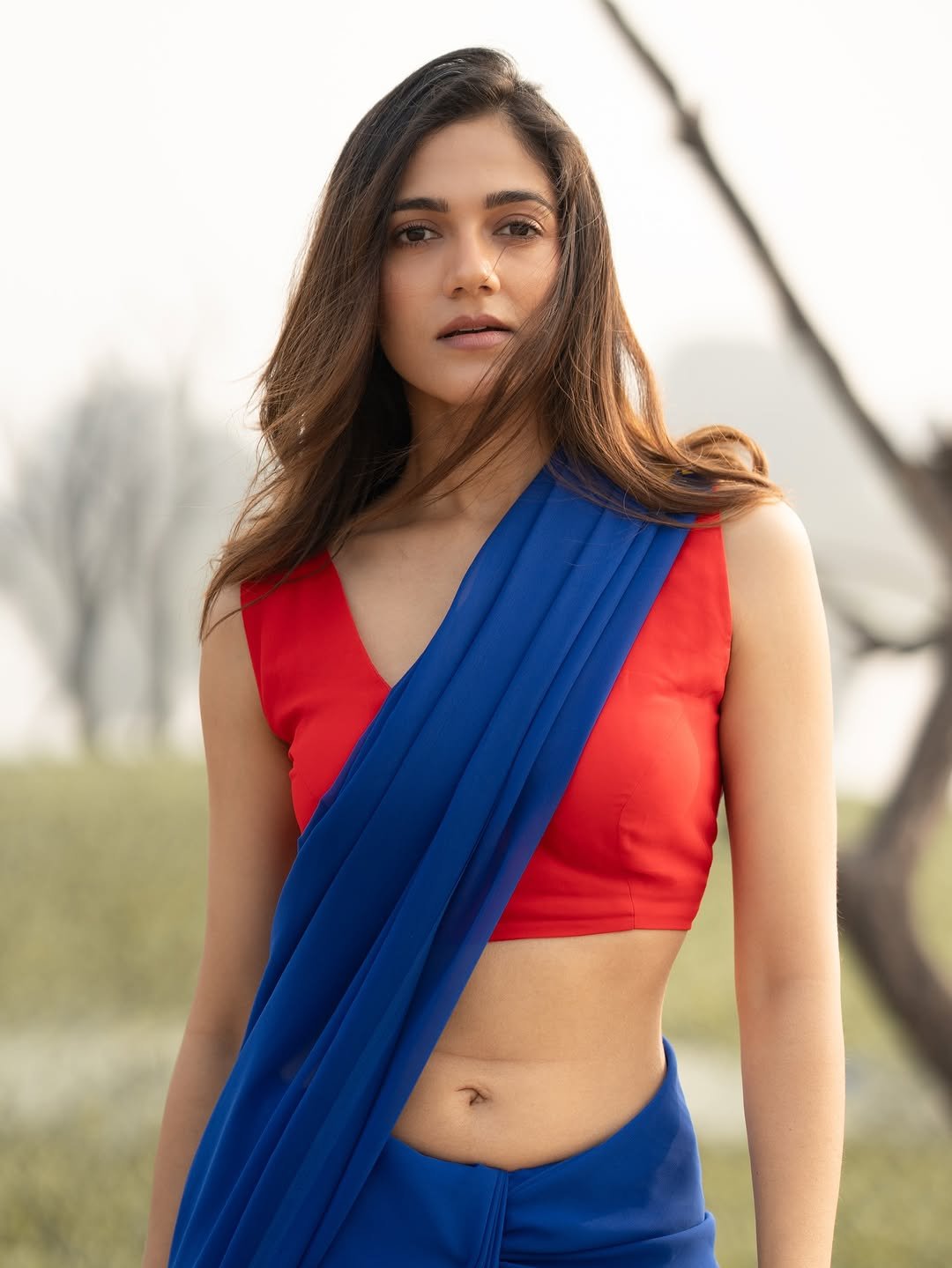 Simran Choudhary Stuns in Red and Blue Saree – Latest HD Photos (1)