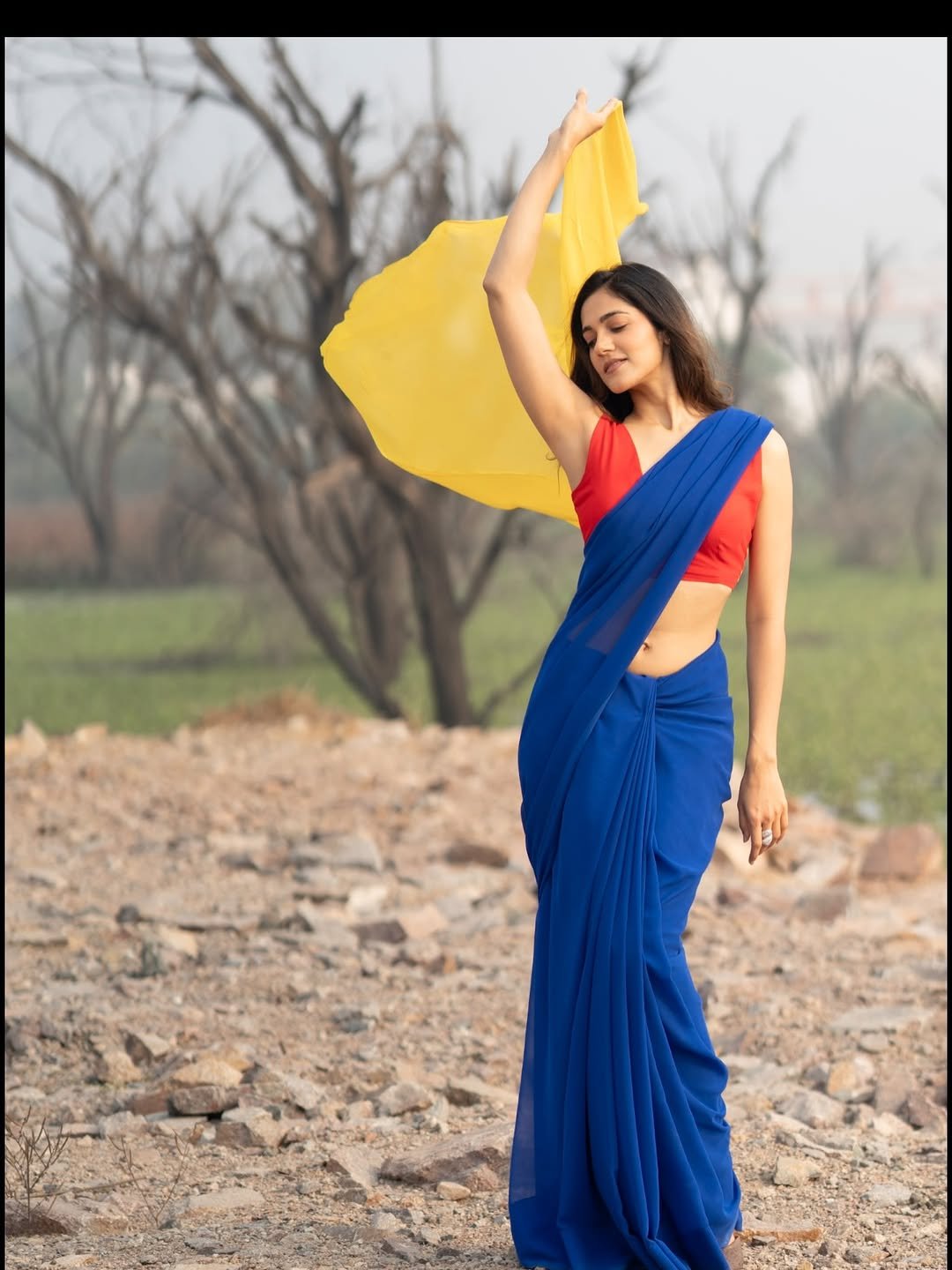 Simran Choudhary Stuns in Red and Blue Saree – Latest HD Photos (10)