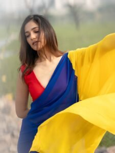 Simran Choudhary Stuns in Red and Blue Saree – Latest HD Photos (2)