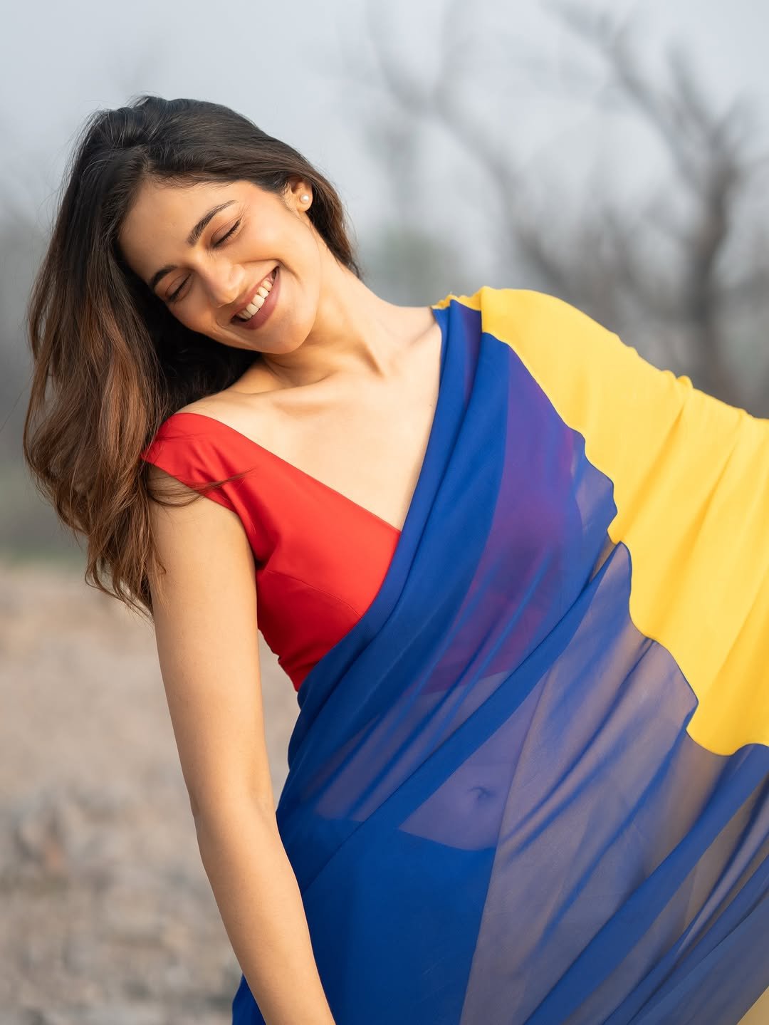 Simran Choudhary Stuns in Red and Blue Saree – Latest HD Photos (7)