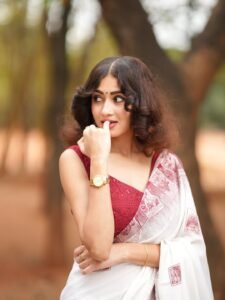 Yashu Looks Elegant in White Saree with Maroon Blouse trending celebrity photos
