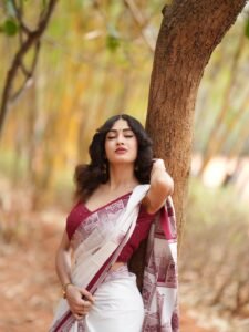 Yashu Looks Elegant in White Saree with Maroon Blouse trending celebrity photos