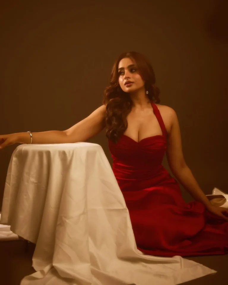 Ayesha Khan Stuns in Elegant Red Gown During Glamorous Photoshoot (10)