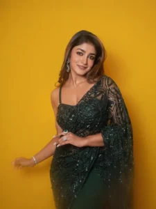 Dimple Hayathi Dazzles in Elegant Green Designer Saree at Latest Photoshoot (2)
