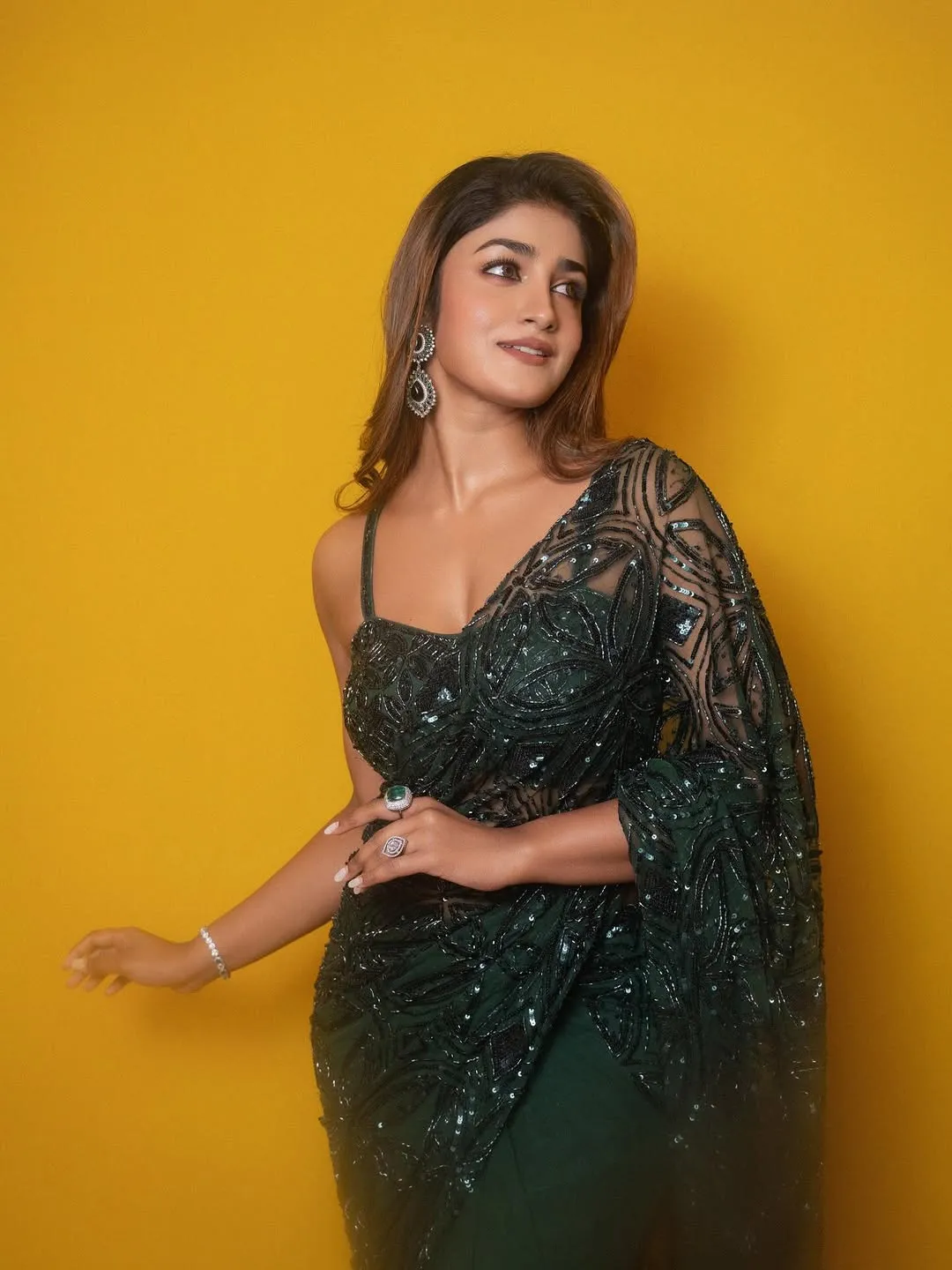 Dimple Hayathi Dazzles in Elegant Green Designer Saree at Latest Photoshoot (3)