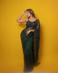 Dimple Hayathi Dazzles in Elegant Green Designer Saree at Latest Photoshoot (4)