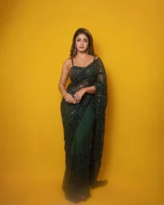 Dimple Hayathi Dazzles in Elegant Green Designer Saree at Latest Photoshoot (6)