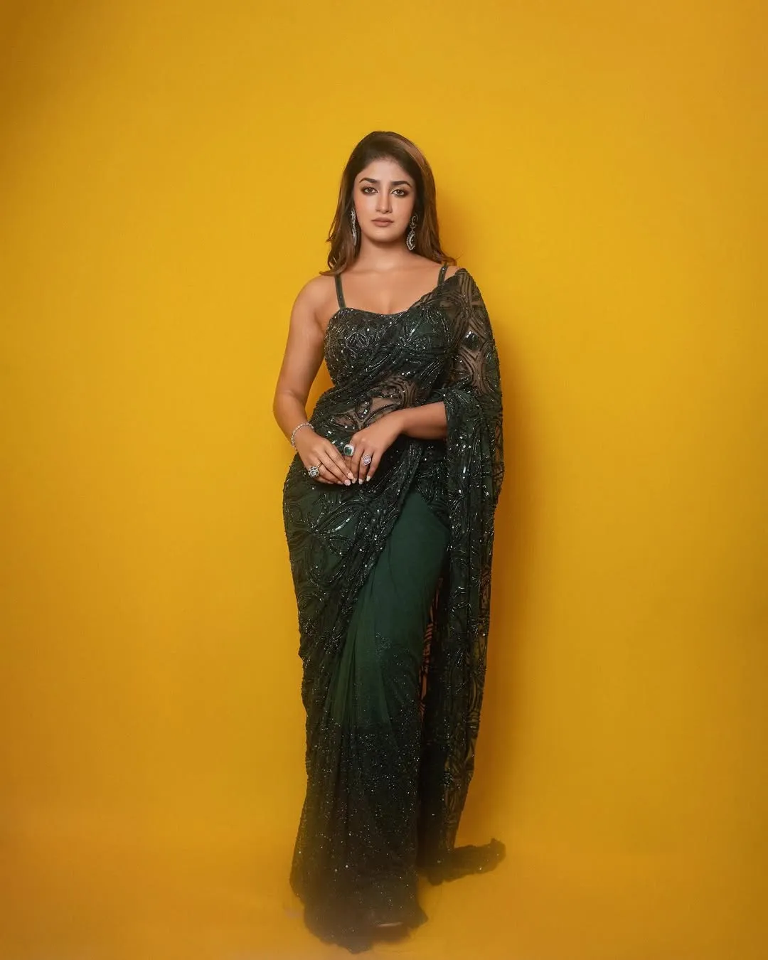 Dimple Hayathi Dazzles in Elegant Green Designer Saree at Latest Photoshoot (6)