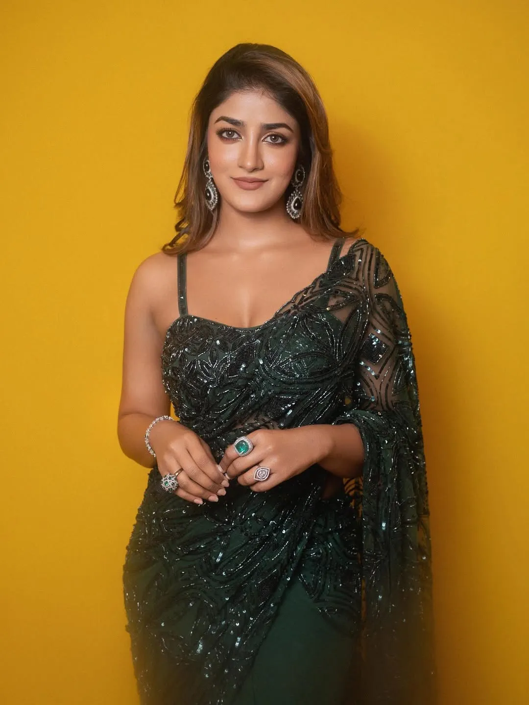 Dimple Hayathi Dazzles in Elegant Green Designer Saree at Latest Photoshoot (8)