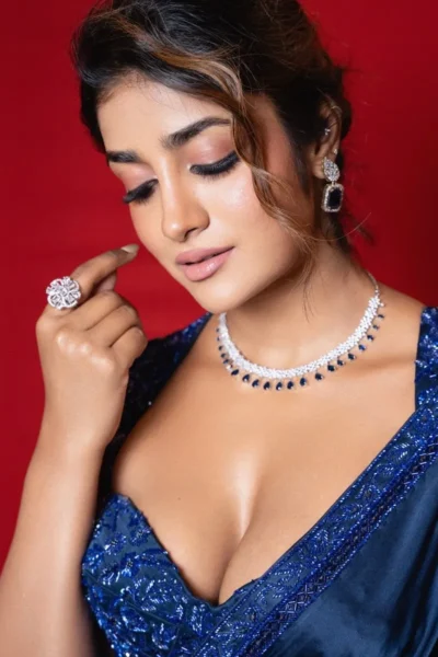 Dimple Hayathi Looks Stunning in Elegant Blue Saree During Latest Photoshoot (1)