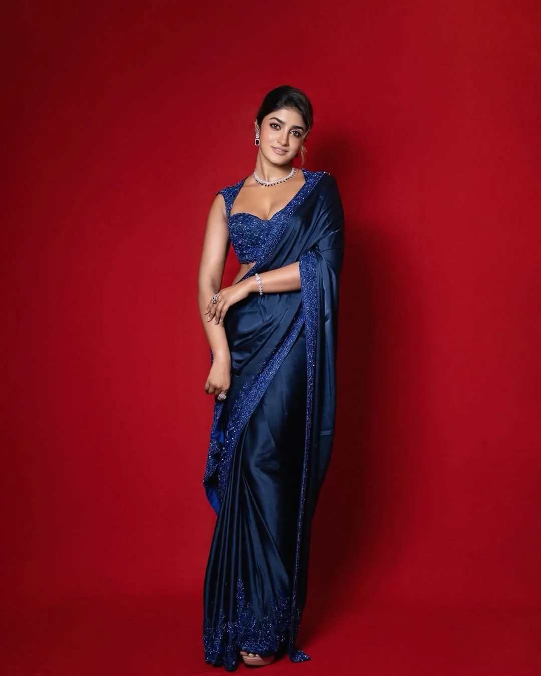 Dimple Hayathi Looks Stunning in Elegant Blue Saree During Latest Photoshoot (10)