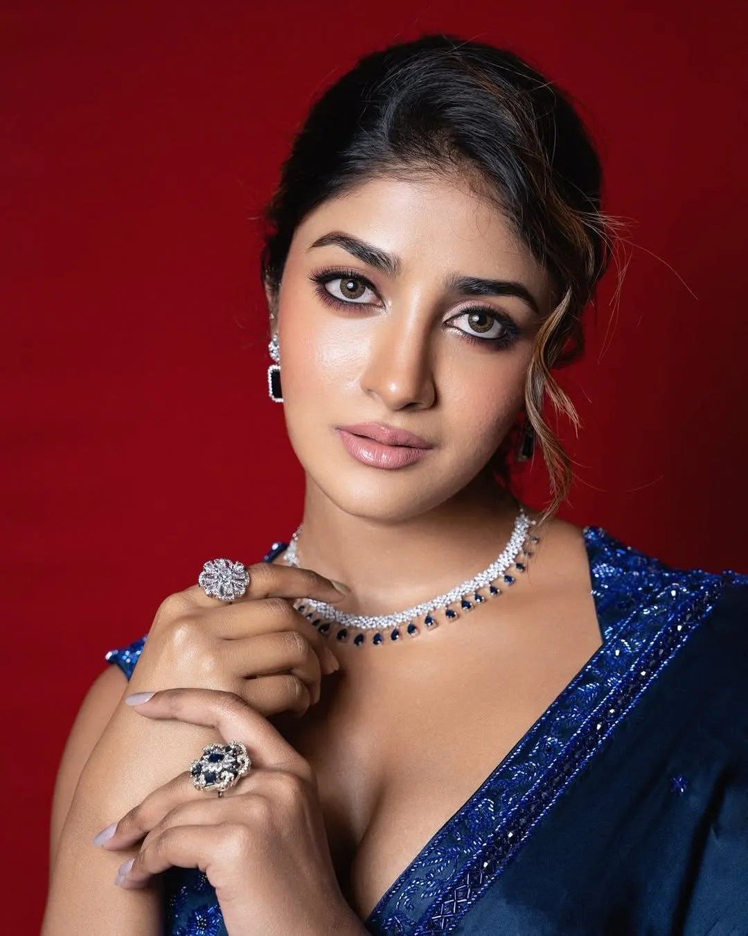 Dimple Hayathi Looks Stunning in Elegant Blue Saree During Latest Photoshoot (12)