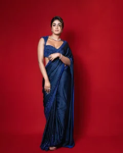 Dimple Hayathi Looks Stunning in Elegant Blue Saree During Latest Photoshoot (2)