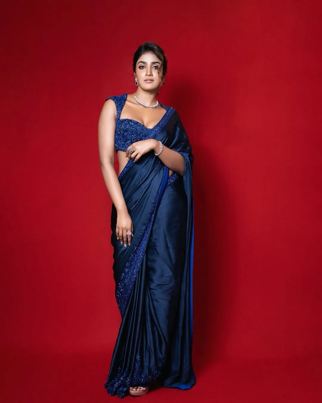 Dimple Hayathi Looks Stunning in Elegant Blue Saree During Latest Photoshoot (2)
