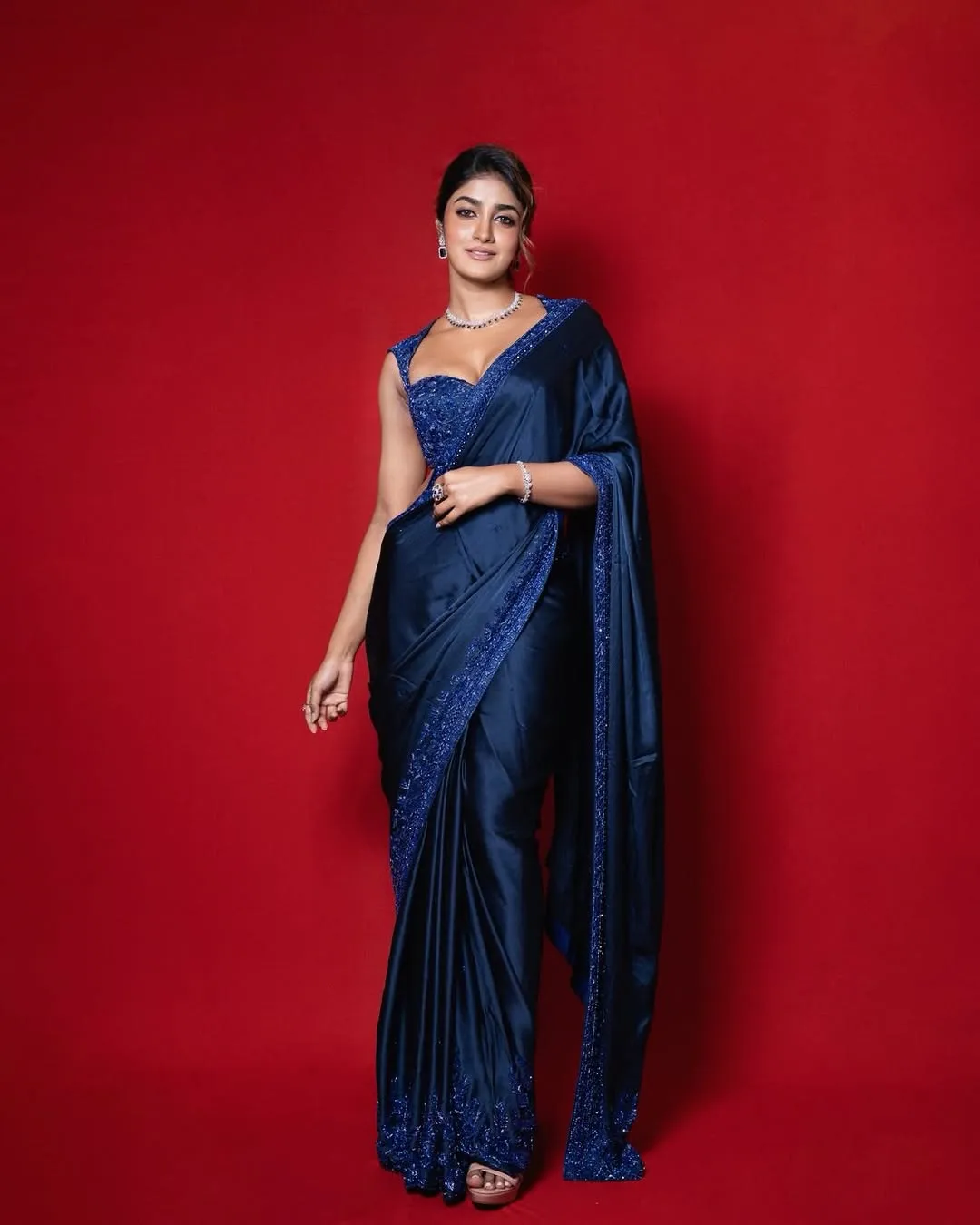 Dimple Hayathi Looks Stunning in Elegant Blue Saree During Latest Photoshoot (3)