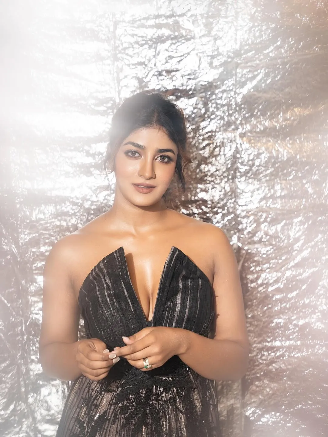 Dimple Hayathi Stuns in Elegant Black Designer Gown at Glamorous Photoshoot (13)