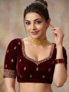 Kajal Aggarwal Looks Regal in Maroon Velvet Blouse Latest Photos (1)