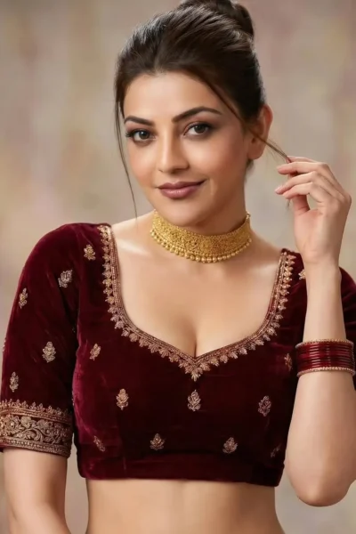 Kajal Aggarwal Looks Regal in Maroon Velvet Blouse Latest Photos (1)