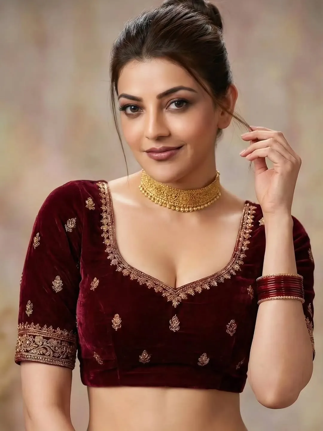 Kajal Aggarwal Looks Regal in Maroon Velvet Blouse Latest Photos (1)