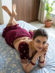 Kajal Aggarwal Looks Regal in Maroon Velvet Blouse Latest Photos (2)
