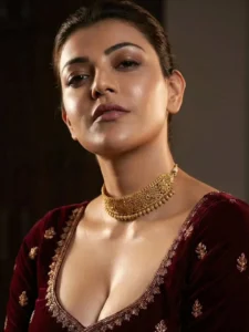 Kajal Aggarwal Looks Regal in Maroon Velvet Blouse Latest Photos (4)
