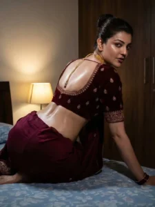 Kajal Aggarwal Looks Regal in Maroon Velvet Blouse Latest Photos (6)