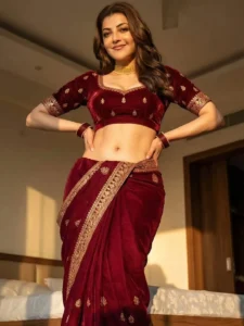 Kajal Aggarwal Looks Regal in Maroon Velvet Blouse Latest Photos (7)