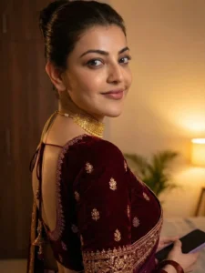 Kajal Aggarwal Looks Regal in Maroon Velvet Blouse Latest Photos (8)