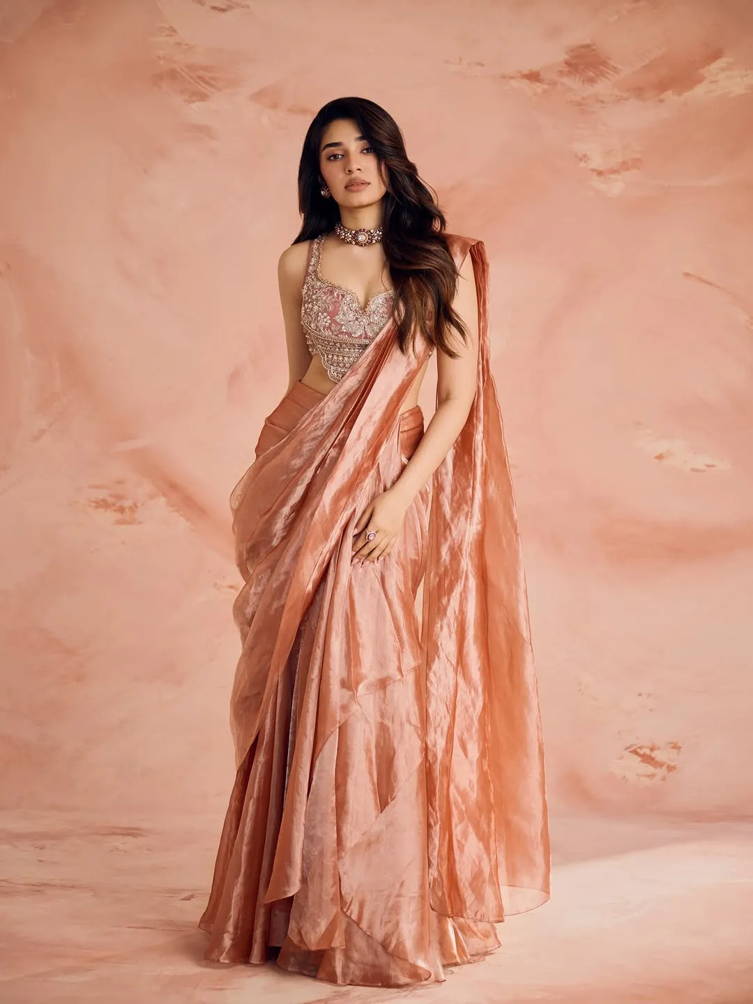 Krithi Shetty Looks Radiant in Elegant Peach Designer Saree Photos (6)