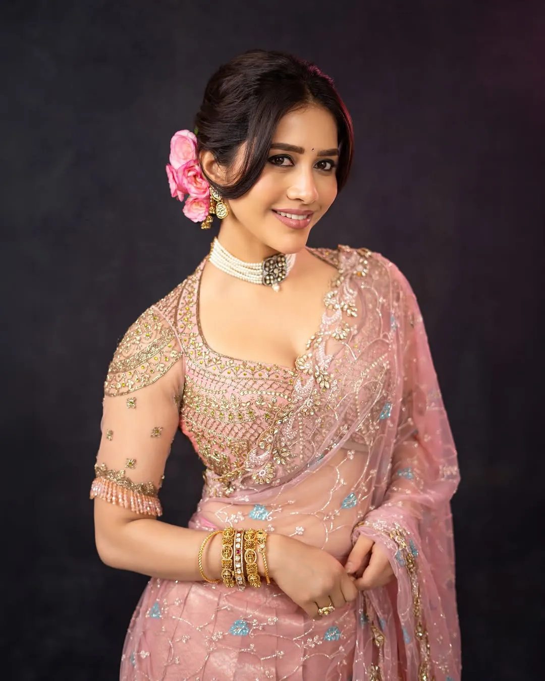 Nabha Natesh Looks Radiant in Elegant Pink Designer Saree – Latest Photos (8)